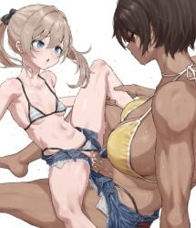 2girls blonde_hair blue_eyes breasts brown_hair carrying carrying_person cum cum_in_pussy dark-skinned_female dark_skin futa_with_female futanari hands_on_another's_thighs height_difference highres kei_(m_k) large_breasts long_hair m_k multiple_girls original penis ponytail pussy red_eyes rika_(m_k) sex short_hair simple_background size_difference sweat swimsuit tall tall_female tan tomboy vaginal_penetration