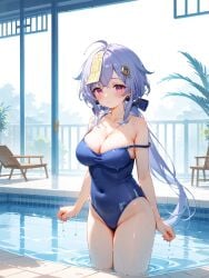 absurd_res aged_up ai_generated genshin_impact large_breasts ministro navel no_hat pool qiqi_(genshin_impact) swimsuit wet