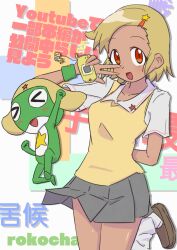 1boy absurdres angol_mois blonde_hair cellphone closed_eyes dark_skin female gyaru hair_ornament hairclip highres keroro keroro_gunsou loose_socks phone rokochandayo school_uniform socks sweater_vest