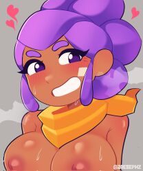 1girls big_breasts blush brawl_stars breasts dark-skinned_female dark_skin female heart nipples purple_eyes purple_hair scarf shelly_(brawl_stars) short_hair smile solo sweat zoesephz