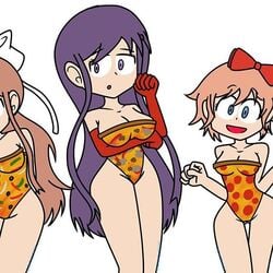 3girls breasts cleavage clothed doki_doki_literature_club female female_only itsyaboi_kroggu monika_(doki_doki_literature_club) multiple_girls pizza sayori_(doki_doki_literature_club) swimsuit yuri_(doki_doki_literature_club)