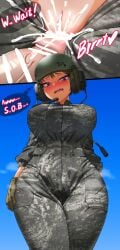 breasts brown_hair censor_bar censored cum cum_on_body cum_outside cum_under_clothes exhibitionism helmet hitch_(hitch_driessen/perotoss400/kirochef) jumpsuit military military_uniform nipples outdoors rokmc_chan sweat sweaty tan_body tank tanline tomboy