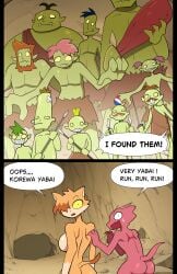 1boy 1girls ass bluebirdoasis breasts embarrassed estenia_(bluebirdoasis) female goblin goblin_male kotek_(bluebirdoasis) male