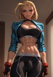 1futa ai_generated balls blonde_hair blue_eyes breasts bulge bulge_through_clothing cammy_white futanari gloves grin huge_breasts huge_cock looking_down makeup penis smile smiling_at_viewer solo solo_focus street_fighter street_fighter_6 taker_pov testicles velonix