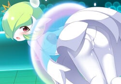 1girls ass blush cute female_only flat_chest gardevoir green_hair looking_at_viewer looking_back mega_evolution mega_gardevoir nintendo no_breasts panties pokémon_(species) pokemon pokemon_(species) red_eyes shocked