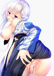 1girls after_anal after_sex ass_grab azur_lane belfast_(azur_lane) breasts cum cum_in_ass cum_in_pussy hakama hukairi_botan japanese_clothes looking_at_viewer looking_back nipples tagme wafuku white_background white_hair