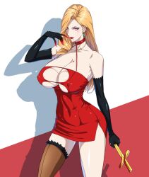 1girls big_breasts blonde_hair dress gloves long_hair looking_at_viewer necklace nipple_bulge pale_skin red_eyes static808wave vampire