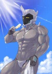 2018 abs bara fingerless_gloves genon gray_body jockstrap jockstrap_only muscular_arms muscular_male necklace pecs popsicle robot screen_face summer sunny sweat tagme tagme_(character) thick_thighs towel yellow_eyes