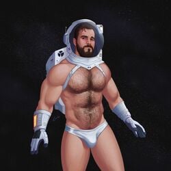 1boy abs astronauts beard bulge gabo_artist hairy hairy_chest helmet male male_only muscular outer_space science_fiction solo tight_clothing tight_underwear underwear white_underwear