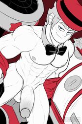 1boy abs balls bara biceps big_penis blue_eyes blush boner bowtie doodle ear erection eyebrows frieddough gay half-erect high_resolution highres huge_cock male male_only mario_(series) monochrome naked nipples nude oc original_character partially_clothed partially_nude pecs penis sketch smug solo thighs top_hat uncensored undressing watermark white_skin yaoi