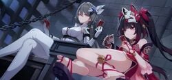 2girls ankles anklewear ass ass_cheeks bare_arms bare_legs bare_shoulders barefoot black_hair feet foot_fetish footwear grey_hair honkai:_star_rail honkai_(series) honkai_impact_3rd hoyoverse legs magenta_eyes mihoyo nail_polish official_art red_eyes red_nail_polish red_nails sandals seductive seductive_body seductive_pose seductive_smile showing_ass showing_feet smile smiling_at_each_other soles sparkle_(honkai:_star_rail) suggestive suggestive_pose suggestive_posing suggestive_smile symbol-shaped_pupils thick_thighs thighs toes toes_spread vita_(honkai_impact)