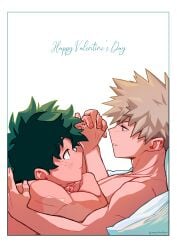 2boys after_sex bakugou_katsuki blonde_hair blush boku_no_hero_academia bones_(company) completely_nude freckles gay green_hair holding_hands izuku_midoriya katsuki_bakugou male male/male midoriya_izuku mochicchan my_hero_academia nude pillow scar shounen_jump smile yaoi