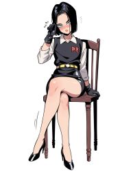 ai_generated android_17 chair crossdressing dragon_ball femboy looking_at_viewer papagaimon simple_background sitting skirt tight_clothing trap white_background