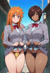 2girls ai_generated babski326 black_panties bleach blush bow breasts brown_eyes clothes_lift dark-skinned_female dark_skin genderswap_(mtf) grey_skirt hair_between_eyes hair_over_one_eye ichigo_kurosaki large_breasts lifted_by_self long_hair looking_at_viewer medium_breasts orange_hair outdoors panties pleated_skirt polka_dot polka_dot_panties rule_63 school_uniform short_hair skirt skirt_lift smile thighs underwear yasutora_sado yellow_panties