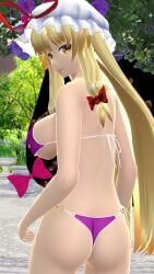 1girls 2023 3d ass bikini blonde_hair_female butt_crack butt_crack_outline gap hati_yukkuri_mmd light-skinned_female long_hair_female looking_at_viewer looking_back mikumikudance mmd mob_cap outdoors outside perfect_cherry_blossom portal purple_bikini rear_view red_bowtie red_ribbon solo_female solo_focus swimsuit touhou white_headwear white_string_bikini yellow_eyes youkai yukari_yakumo