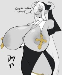 big_breasts breasts cow_horns huge_breasts leche_(ushiji) nun nun's_habit nun_outfit ushiji