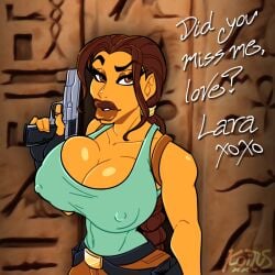 2d 2d_(artwork) areola_bulge big_breasts bimbo bimbo_body bimbo_lips braid breasts brown_eyes brown_hair bursting_breasts busty cleavage erect_nipples female female_focus female_only hourglass_figure koituskazam lara_croft lara_croft_(classic) large_breasts long_hair makeup nipple_bulge pinup round_breasts tank_top tomb_raider wide_hips