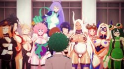 11girls 1boy 3d camie_utsushimi gigantic_breasts harem himiko_toga izuku_midoriya kyoka_jiro mei_hatsume mina_ashido miruko momo_yaoyorozu mount_lady my_hero_academia nejire_hado ochako_uraraka pink-skinned_female pregnant qxdt rumi_usagiyama tan-skinned_female tsuyu_asui yuu_takeyama