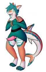 2018 alpha_channel anthro arm_warmers armwear blue_eyes blush clothed clothing colin_(anonymous3355) erection firebadger fish girly hair hi_res looking_at_viewer male marine open_mouth penis rock shark simple_background solo transparent_background