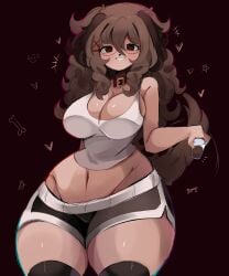 big_breasts blush brown_eyes brown_hair chocolate collar curly_hair cute dark-skinned_female fanart gazericc glasses hairclip hearts_around_head holding_object long_hair looking_at_viewer original_character short_shorts simple_background smile tagme_(character) tank_top thick_thighs thighhighs wholesome