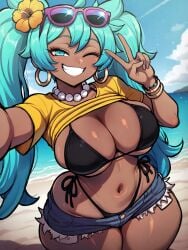 1girls ai_generated aqua_hair beach bead_necklace beads bikini bikini_under_clothes black_bikini blackwhiplash_(style) blue_shorts blue_sky bracelet brazilian_miku breasts cleavage clothes_lift cloud curvy dark-skinned_female dark_skin day denim denim_shorts earrings eyewear_on_head female flower grin gyaru hair_flower hair_ornament hatsune_miku highleg highleg_bikini hoop_earrings jewelry large_breasts long_hair looking_at_viewer micro_shorts navel necklace ocean one_eye_closed outdoors selfie shirt shirt_lift short_shorts shorts side-tie_bikini_bottom sky smile solo sunglasses swimsuit teeth thick_thighs thighs twintails v vocaloid wide_hips