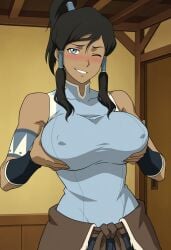 1girls aindroidparanoid avatar_the_last_airbender big_breasts blush dark-skinned_female korra playing_with_breasts squeezing_breasts squeezing_own_breasts the_legend_of_korra