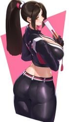 ass biker_clothes black_gloves black_jacket black_pants breasts brown_eyes brown_hair cleavage commentary_request cropped_jacket fatal_fury fatal_fury:_city_of_the_wolves female from_behind gloves hand_fan high_ponytail highres holding holding_fan jacket king_of_fighters large_breasts long_hair long_sleeves looking_at_viewer looking_back mai_shiranui midriff monoi_daru official_alternate_costume pants parted_bangs ponytail seductive_gaze seductive_smile sideboob skin_tight smile snk solo street_fighter street_fighter_6 sukai_222