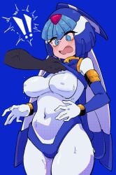 1boy 1girls assisted_exposure big_breasts blue_eyes blush buzzlyears exclamation_point fairy_leviathan female fully_clothed light-skinned_female male mega_man mega_man_zero reploid shirt_lift sweat uncomfortable