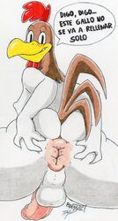 1boy absurd_res anthro anus artist_signature ass_grab avian balls bird chicken erection foghorn_leghorn galliform gallus_(genus) gaping_anus hi_res inviting_to_sex looking_at_viewer looking_back looking_back_at_viewer looney_tunes male male_only parasitedeath penis phasianid presenting_anus soft_feathers solo spanish_dialogue spanish_text talking_to_viewer warner_brothers