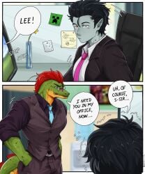 2angelisimo clothed interspecies male male/male montgomery_gator_(fnaf) muscular no_visible_genitalia non-human oc office snout