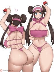 1girls alternate_breast_size arm_up ass big_breasts bikini blue_eyes blush bob_(bobtheneet) bobtheneet breasts brown_hair collarbone curvy donut_hair_bun double_bun elijahzx eyepatch_bikini female groin hair_between_eyes hair_bun highleg highleg_bikini highres huge_ass huge_breasts long_hair looking_at_viewer midriff navel nintendo pink_bikini plump poke_ball poke_ball_(basic) pokemon pokemon_bw2 ribbon rosa_(pokemon) shiny_skin sideboob sidelocks simple_background solo strapless strapless_bikini swimsuit thong thong_bikini twintails two-tone_headwear underboob very_long_hair visor_cap white_background