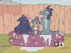 bea_santello belly_nipples big_breasts blush breasts cartoon_network cigarette clothing covering covering_breasts covering_crotch covering_face covering_with_tail ed_edd_n_eddy fence frist44 grass hi_res lori_meyers mae_borowski night_in_the_woods parody plant pool shirt smoking t-shirt topwear water whiskers