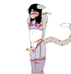 belly blush clothed clothing crossdressing embarrased_horny erection felid feline fur grey_body grey_fur heterochromia hi_res lingerie machine male mammal nipples orange_stripes robot simple_background solo sparkat150 stripes white_belly