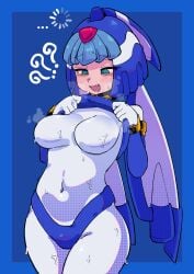 1girls blue_eyes blush bodysuit buzzlyears fairy_leviathan female female_only fully_clothed light-skinned_female mega_man mega_man_zero reploid shirt_lift solo sweat swirly_eyes thick_thighs wide_hips