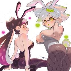 2girls 2won2 alternate_version_available ass big_breasts black_bunnysuit black_hair blush breasts bunny_ears bunny_tail bunnysuit callie_(splatoon) cousins ear_piercing earrings fake_animal_ears fake_tail female female_only fishnet_legwear fishnets footwear hair heart heels legwear looking_back marie_(splatoon) mole mole_under_eye neckwear sideboob splatoon tail twintails white_background white_bunnysuit white_hair yellow_eyes