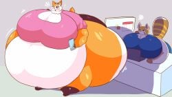 2girls adansin aggressive_retsuko anthro ass belly blush breasts cleavage colossal_ass deer deer_girl fat female female_focus female_only furry hips hyper hyper_ass hyper_breasts large_ass large_breasts meat_wall_(body_type) obese obese_female office office_lady orange_fur red_fur red_panda retsuko sanrio shadow sparkles stomach thick_thighs thighs tsunoda weight_gain white_fur wide_hips