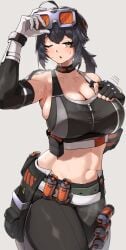ahoge arm_pouch arm_up arm_warmers armpits asymmetrical_gloves bare_shoulders belt black_choker black_gloves black_hair black_pants black_sports_bra breasts buckle cape choker cleavage collarbone commentary_request cowboy_shot explosive female fingerless_gloves gloves goggles goggles_on_head grace_howard grenade grey_belt hair_between_eyes hand_on_goggles highres large_breasts long_hair looking_at_viewer midriff mismatched_gloves monoi_daru navel one_eye_closed orange_eyes pants parted_lips ponytail sidelocks simple_background single_fingerless_glove snap-fit_buckle solo sports_bra standing steaming_body sweat underbust waist_cape white_background white_cape white_gloves zenless_zone_zero zipper zipper_pull_tab
