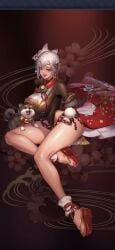 1girls 9:16 big_breasts breasts clothed feet female female game_cg kikyo_(king_of_kinks) king_of_kinks nutaku puppy purple_eyes shoes tagme thighs thighs_together white_hair