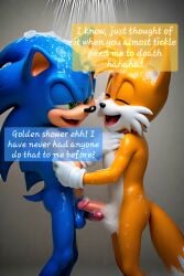 ai_generated comic comic_page penis penises_touching showering_together soap_bubbles sonic_the_hedgehog tails tails_the_fox