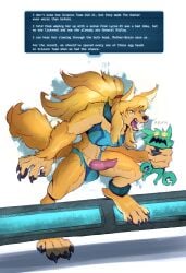 abstract_background after_transformation ambiguous_gender angry ankle_cuffs anthro ball_bulge biped blonde_hair blue_eyes bodily_fluids canid canine claws clothing collar cuff_(restraint) dialogue dialogue_box digitigrade duo english_text erection fangs finger_claws fur futanari genital_fluids genitals green_body gynomorph hair hi_res holding_another intersex larger_gynomorph larger_intersex long_hair mammal metroid mythological_canine mythological_creature mythology nintendo nipple_outline penis ponytail precum restraints samus_aran shaded sharkrags size_difference snout tail teeth text toe_claws torn_clothing werecanid werecanine werecreature werewolf yellow_body yellow_eyes yellow_fur
