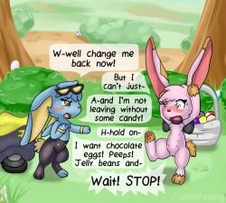 2019 6_nipples artist_name basket black_body blue_body bow_collar brown_eyes brown_markings colored container dialogue duo easter easter_bunny easter_egg egg english_text eyewear female feral front_view generation_4_pokemon genitals gloves_(marking) grass handpaw holidays hybrid jaki-kun_(character) lagomorph leg_markings leporid lohli_(lohlite) lohlite mammal markings mostly_nude multi_nipple nintendo nipples on_one_leg open_mouth outside panicked_look pants_(marking) paws pink_body plant pokemon pokemon_(species) pussy rabbit semi-anthro shinx shrub side_view socks_(marking) speech_bubble standing story story_in_description sunglasses text tree yellow_markings