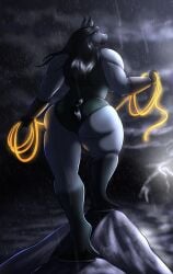 anthro anthro_female ass asscheeks back_muscles badass bare_shoulders barefoot biceps big_ass big_butt black_hair buttcheeks digital_drawing_(artwork) digital_media_(artwork) furry furry_female grey grey_body grey_fur hi_res horse horse_ears horse_girl horse_tail lasso lasso_of_truth lightning long_hair muscular muscular_anthro muscular_female non-human oliana_(robthehoopedchipmunk) rain raining robthehoopedchipmunk rope standing_on_rock storm thick_legs thick_thighs thighs