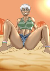 anklet barefoot blue_eyes blue_shorts breasts clothing crop_top cutoffs dark-skinned_female dark_skin denim denim_shorts earrings elena_(street_fighter) feet female female grey_shorts grin hoop_earrings jewelry large_breasts lips long_legs midriff naddist navel open_fly palm_tree short_hair short_shorts shorts sitting smile solo spread_legs street_fighter striped unbuttoned unzipped very_dark_skin white_hair