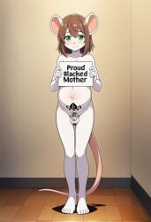 ai_generated blush brown_hair chastity_cage english_text green_eyes holding_object male male_pregnancy novelai nude pregnant pregnant_male pubic_tattoo queen_of_spades sign simple_background small_balls small_penis solo solo_focus tattoo text