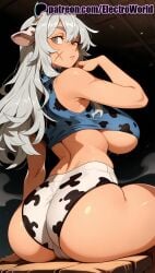 1girls 2021 2025 ai_generated animal_ears animal_print artist_name ass breasts breasts breasts bust chest chinese_zodiac cow_ears cow_girl cow_horns cow_print cow_tail cowbell electroworld female from_behind grey_eyes hi_res high_quality high_resolution highres king_uma leopard_print leopard_tail long_hair looking_back patreon patreon_username print_bikini print_shorts solo stable_diffusion the_god_of_highschool watermark year_of_the_ox