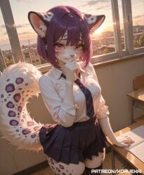 1girls absurd_res ai_generated anthro bob_cut breasts cat_ears catgirl classroom feline female fur furry hi_res highres leopard looking_at_viewer medium_breasts pink_eyes purple_hair school_uniform short_hair shy skirt sonya_(xorvexai) spots stockings tagme thick_thighs thighhighs white_body white_fur xorvexai