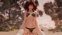 1boy 1girls 3d 3d_animation blender_(software) blender_eevee cowgirl_position dead_or_alive dead_or_alive_xtreme_venus_vacation green_eyes horns kanna_(dead_or_alive) lazyprocrastinator panties_aside red_hair sex straddling straight tagme vaginal_penetration video