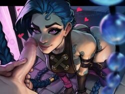 1boy artist_name ass black_gloves blue_hair braided_twintails breasts censored female gloves imminent_fellatio jinx_(league_of_legends) league_of_legends long_hair looking_at_another medium_breasts mosaic_censoring penis_on_face purple_eyes straight tattoo touchme4lln8 very_long_hair
