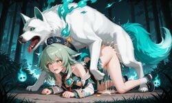 ai_generated bestiality_impregnation canine dog_penis doggy_style excessive_cum huohuo_(honkai:_star_rail) small_breasts stomach_bulge