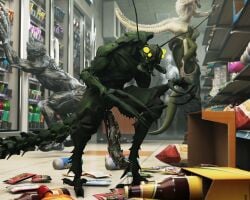 anthro arthropod beer_bottle bodily_fluids bottle capcom container food genital_fluids genitals group hi_res licker_(resident_evil) long_penis male muscular outofnecessity penis resident_evil scalie standing verdugo_(resident_evil)